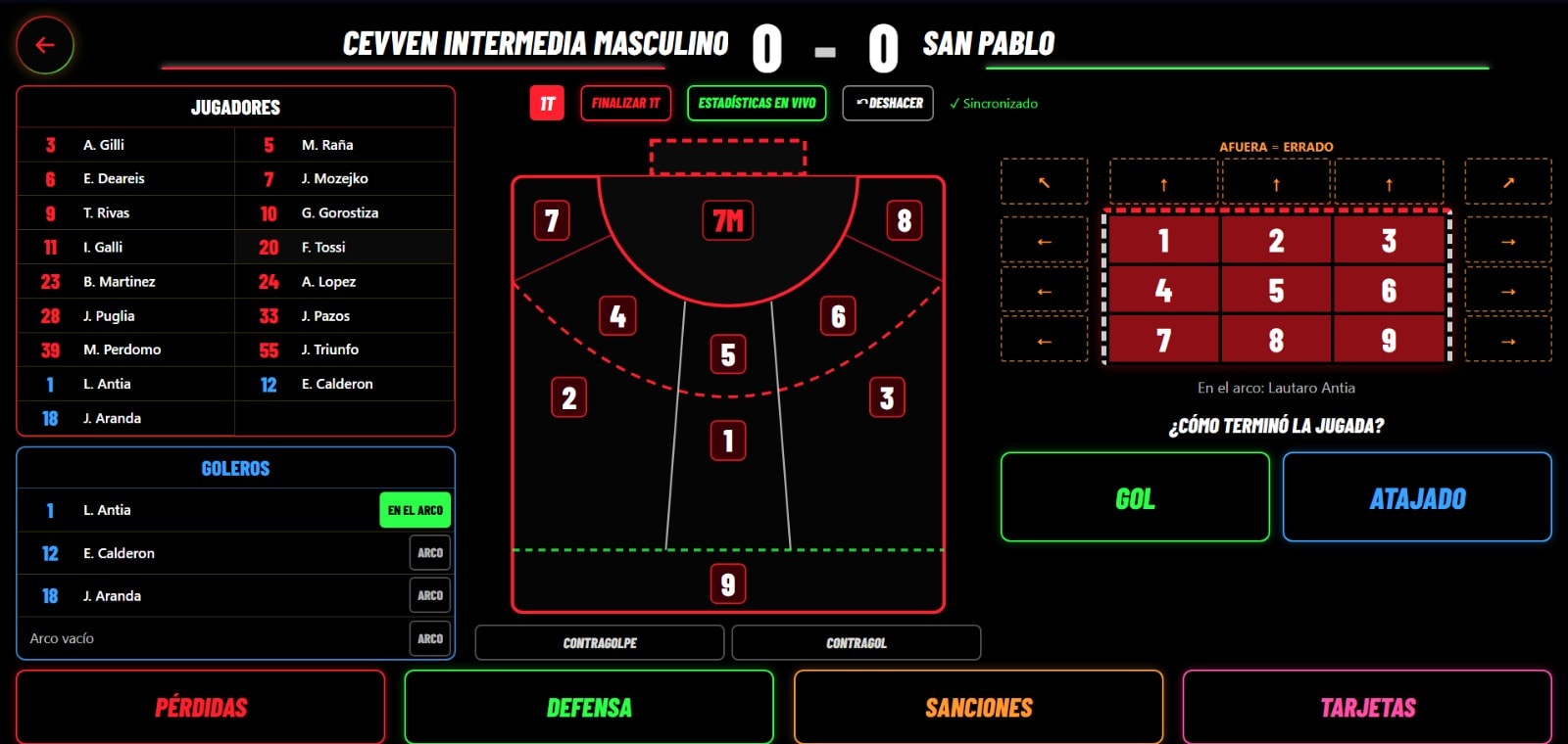 HandStats live match tracking screen for Cevven Intermedia Masculino against San Pablo: player and goalkeeper lists, a court diagram with numbered shooting zones, a goal divided into nine target areas, Gol and Atajado buttons, and controls for turnovers, defense, sanctions and cards.