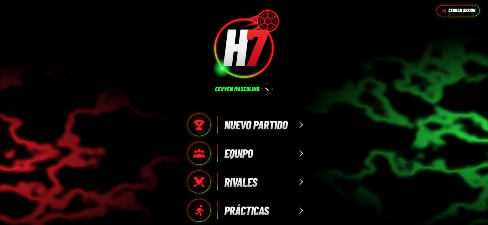 HandStats home screen for the Cevven Masculino team, with menu options for New match, Team, Opponents and Practices.