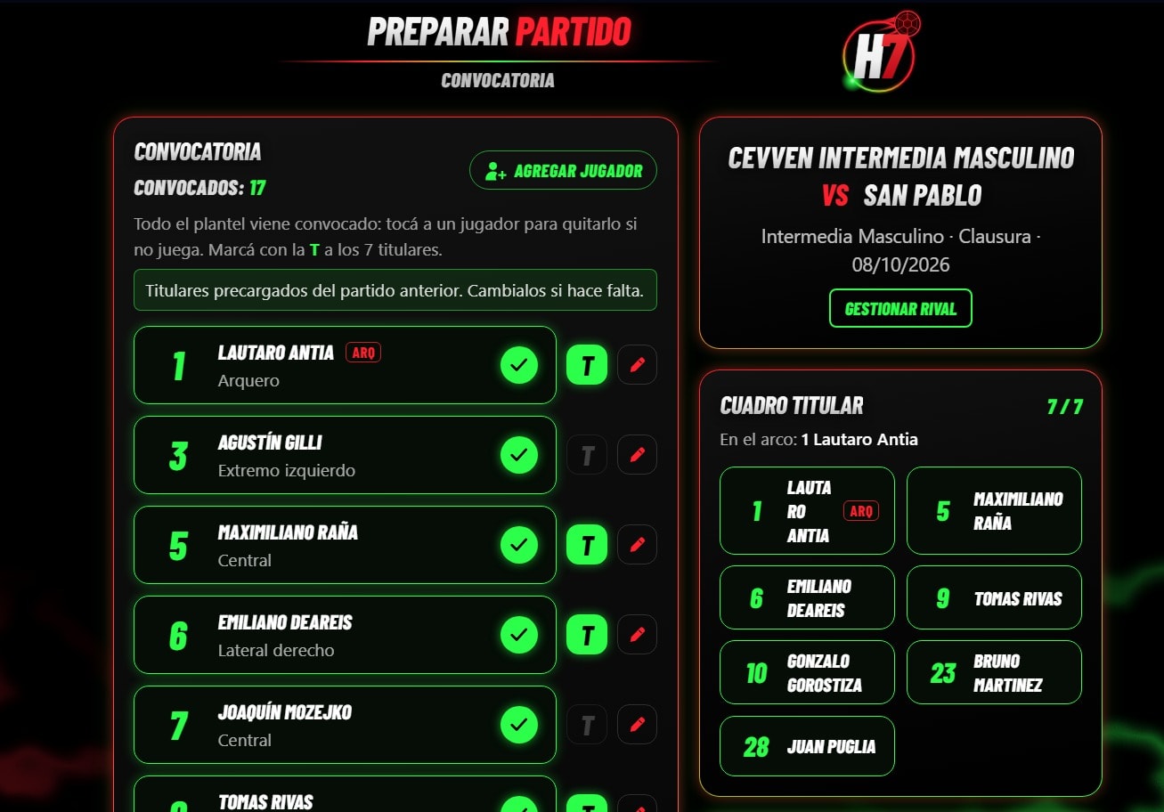 Match preparation screen: a call-up list of 17 players with starters marked with a T, the fixture card for Cevven Intermedia Masculino against San Pablo, and the selected starting seven.