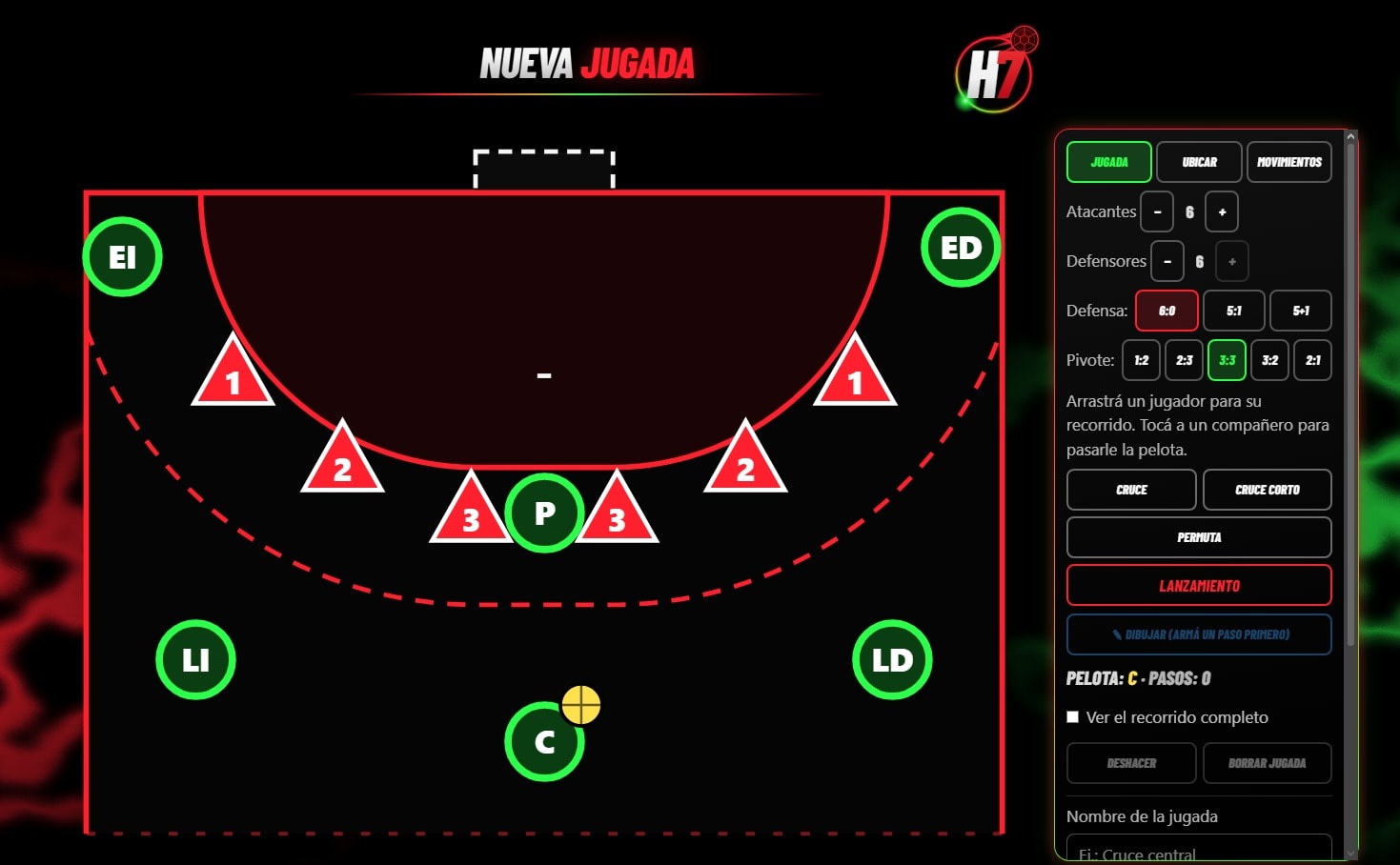 Play editor: a half-court diagram with six attackers and six defenders and a ball marker, next to a panel to set the defensive system, record player runs and actions such as crosses, switches and shots, and name the play.