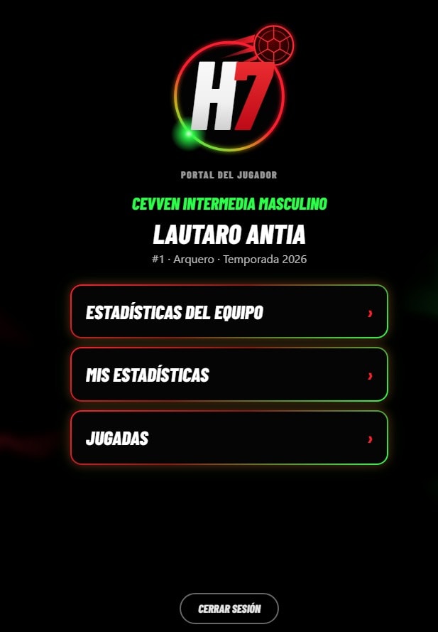 Player portal for a goalkeeper on a narrow screen, with links to team statistics, personal statistics and plays.