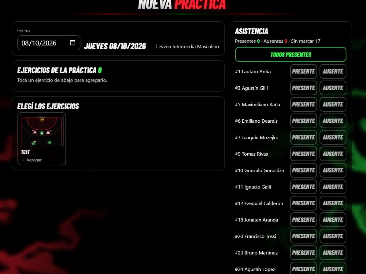 New practice screen: a date picker, the practice's exercise list, a library of saved exercises shown as court thumbnails, and an attendance list with Present and Absent buttons for each player.