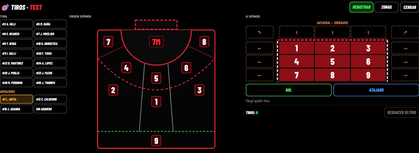 Practice shot tracking for a drill: buttons for each shooter and goalkeeper, a court diagram with numbered zones, a goal grid with nine areas, and Gol and Atajado buttons.