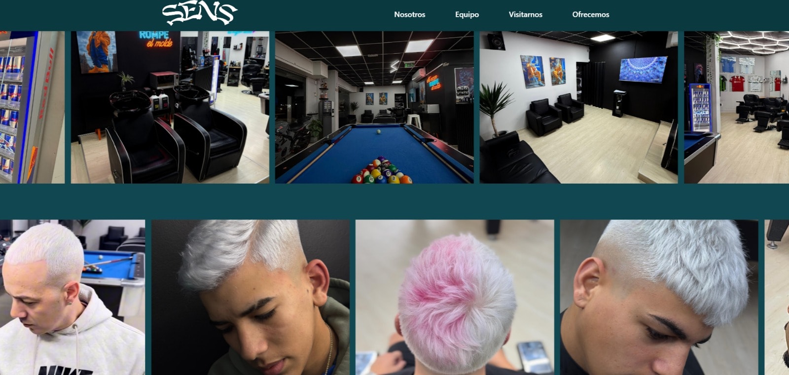 Sens photo carousels: two rows of images showing the shop interior and client haircuts.